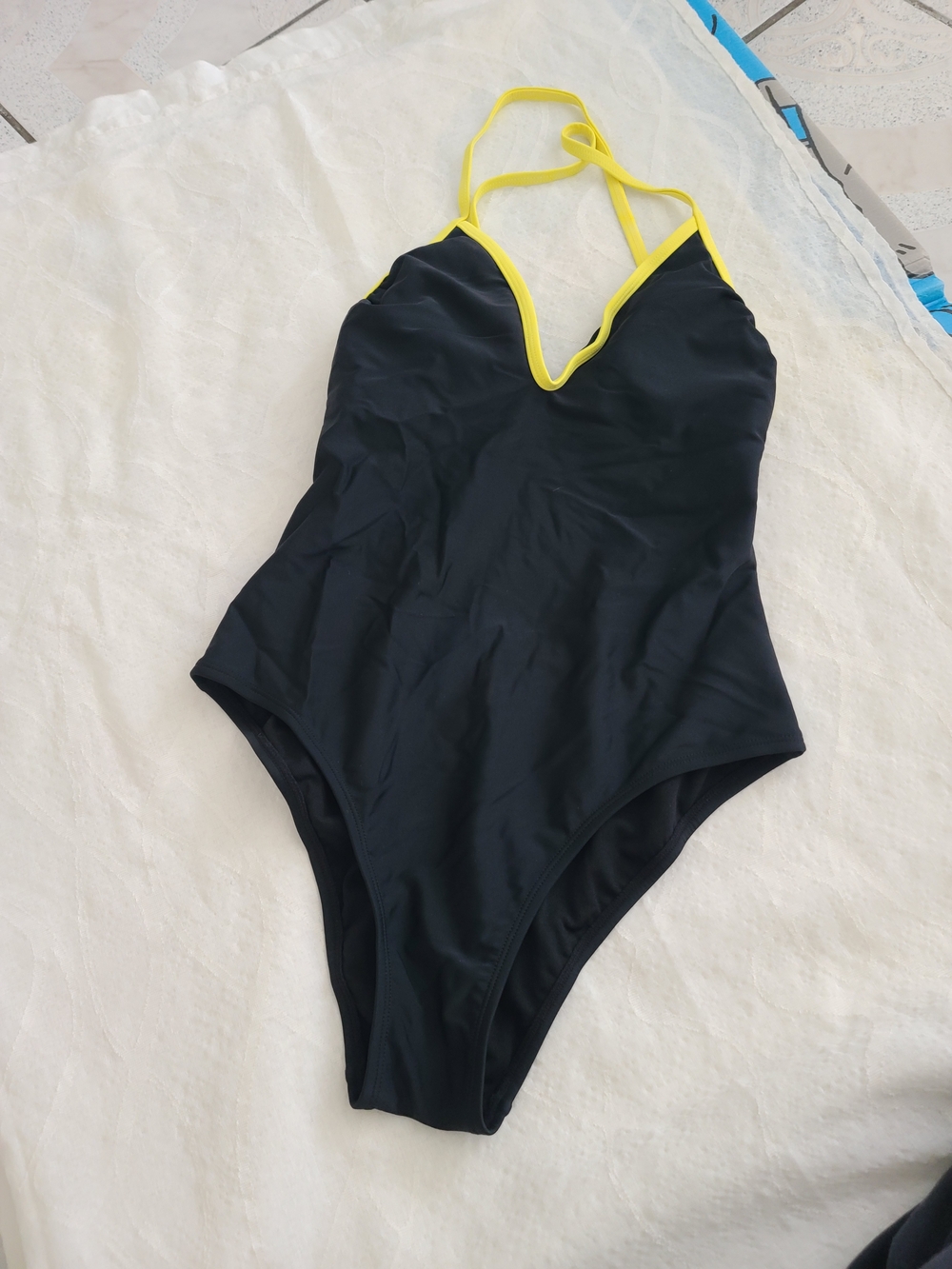 Classic Black One-Piece Swimsuit with Yellow Trim